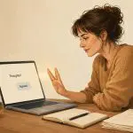 Woman working with AI using shorthand prompts on a laptop, illustrating AI communication, AI prompts, and patterns in communication.