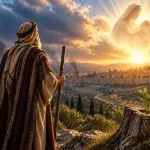 Prophet Isaiah overlooking Jerusalem in an illustration representing the Book of Isaiah and its prophecies of Jesus Christ.
