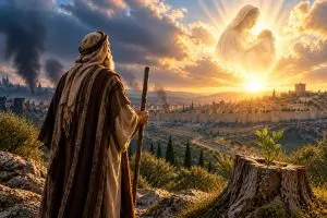Prophet Isaiah overlooking Jerusalem in an illustration representing the Book of Isaiah and its prophecies of Jesus Christ.