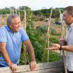Two men talking across a garden fence, illustrating missionary work and opportunities to share the gospel of Jesus Christ.