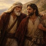 Abraham and Isaac walking up Mount Moriah in Abrahamic sacrifice, illustrating being tested and tried as Abraham.