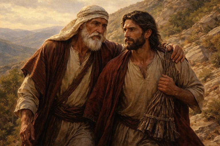 Abraham and Isaac walking up Mount Moriah in Abrahamic sacrifice, illustrating being tested and tried as Abraham.