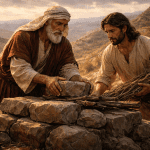 Abraham and Isaac prepare the altar on Mount Moriah in Genesis 22 during the Sacrifice of Isaac.