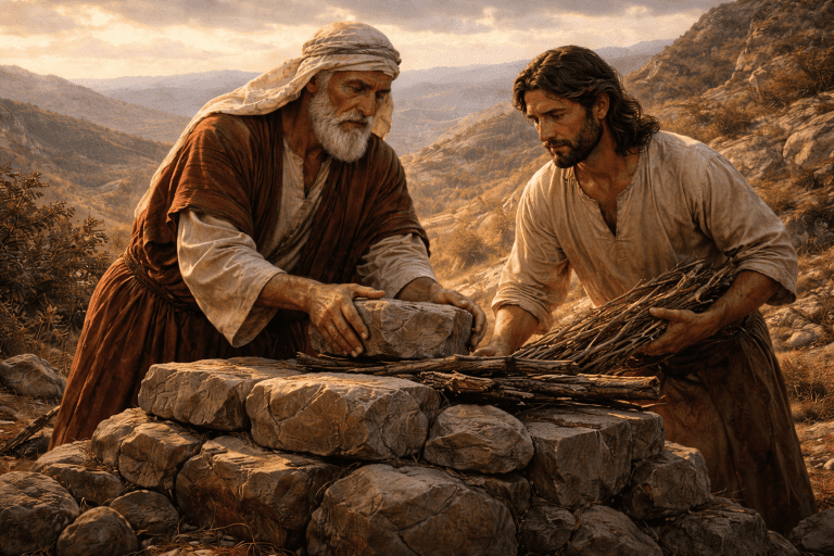 Abraham and Isaac prepare the altar on Mount Moriah in Genesis 22 during the Sacrifice of Isaac.