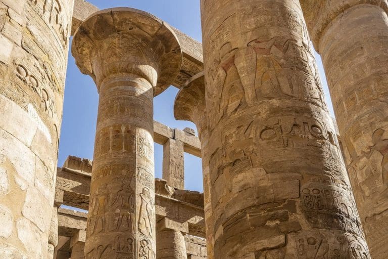 Ancient Egyptian columns in the temple of Carnac with hieroglyphs connected to the Book of Abraham translation and Joseph Smith’s revelatory process