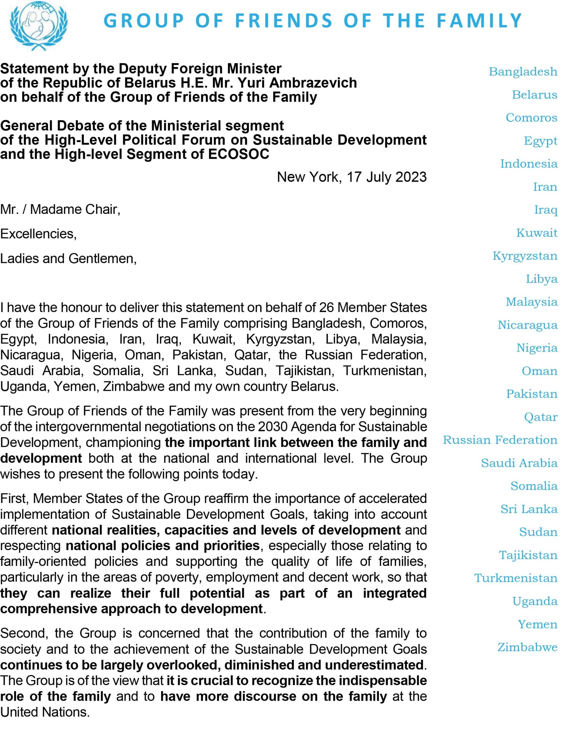Statement by the Deputy Foreign Minister of the Republic of Belarus H.E. Mr. Yuri Ambrazevich on behalf of the Group of Friends of the Family