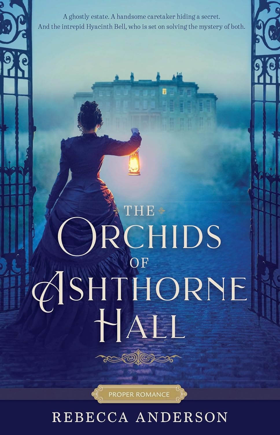 A mysterious book cover with a Victorian woman holding a lantern in front of a misty manor, setting the gothic tone of The Orchids of Ashthorne Hall.