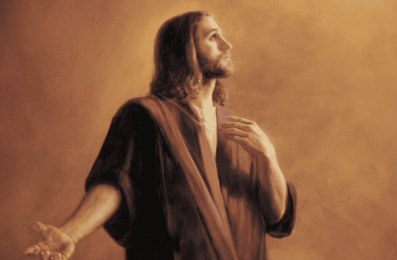 Jesus Christ gazing upward with outstretched arms, representing divine guidance, repentance, and the power of a mighty change of heart.