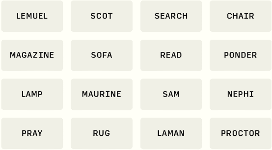 A grid of words representing a Connections game designed to illustrate the difference between scripture reading and scripture study by solving word categories