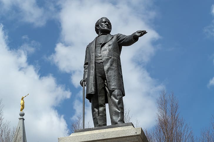 A statue of Brigham Young, the leader of the LDS pioneers, sculpted by Cyrus Dallin, located in downtown Salt Lake City.