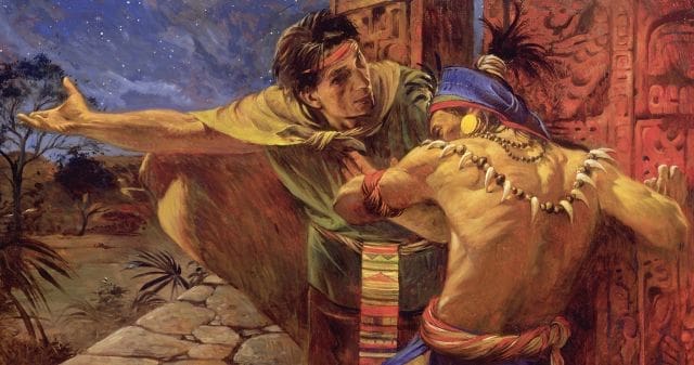 Alma and Korihor, portrayed by Walter Rane, showing Alma defending the certainty of faith against Korihor's doubts.