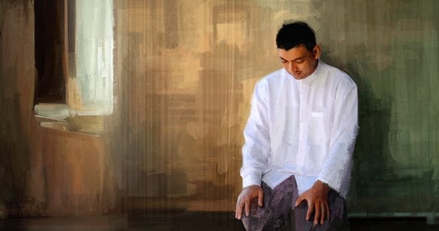 Man in prayer symbolizing spiritual reflection, inspired by Alma's teachings in the Book of Mormon.