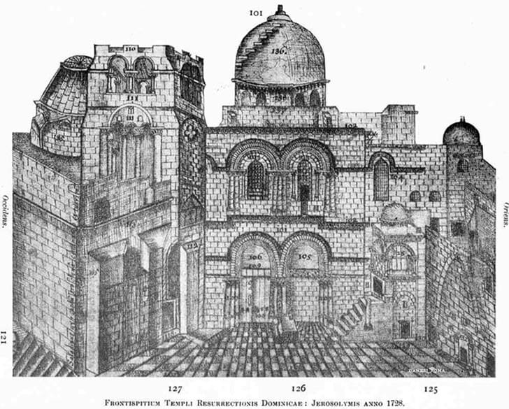 An 18th-century engraving showing the architectural design of the Church of the Holy Sepulchre in Jerusalem, highlighting its structure and layout from 1728.