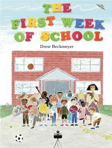A vibrant book cover featuring excited children standing in front of a red-brick school, capturing the energy and anticipation of the first week of kindergarten.