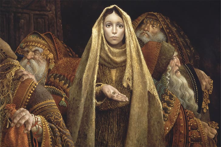 "The Widow's Mite" by James C. Christensen captures the humble offering of a poor widow amidst the wealthy in the temple, emphasizing her great faith and sacrifice. 