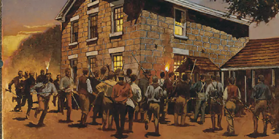 Depiction of the mob at Carthage Jail before the assassination of Joseph Smith and Hyrum Smith in 1844.
