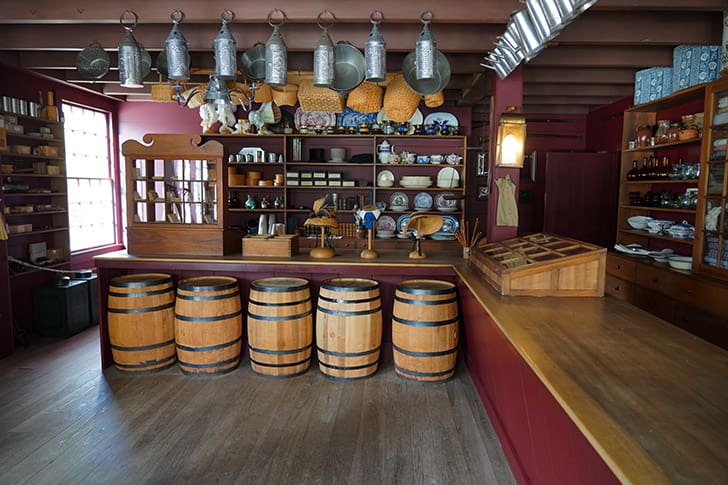 Interior of the restored Newel K. Whitney Store in Kirtland, Ohio, with brass tacks used for fabric measurement.