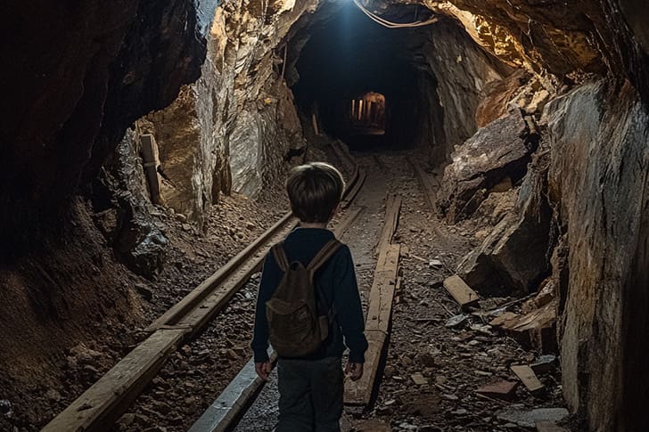 Boy walking alone in a dark mine tunnel from The Faith of Angels movie.