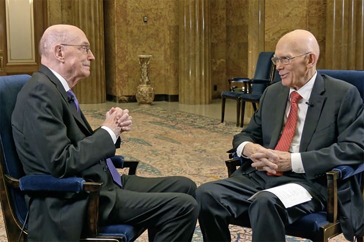 President Henry B. Eyring and President Dallin H. Oaks having a conversation about President Nelson’s leadership and love for people