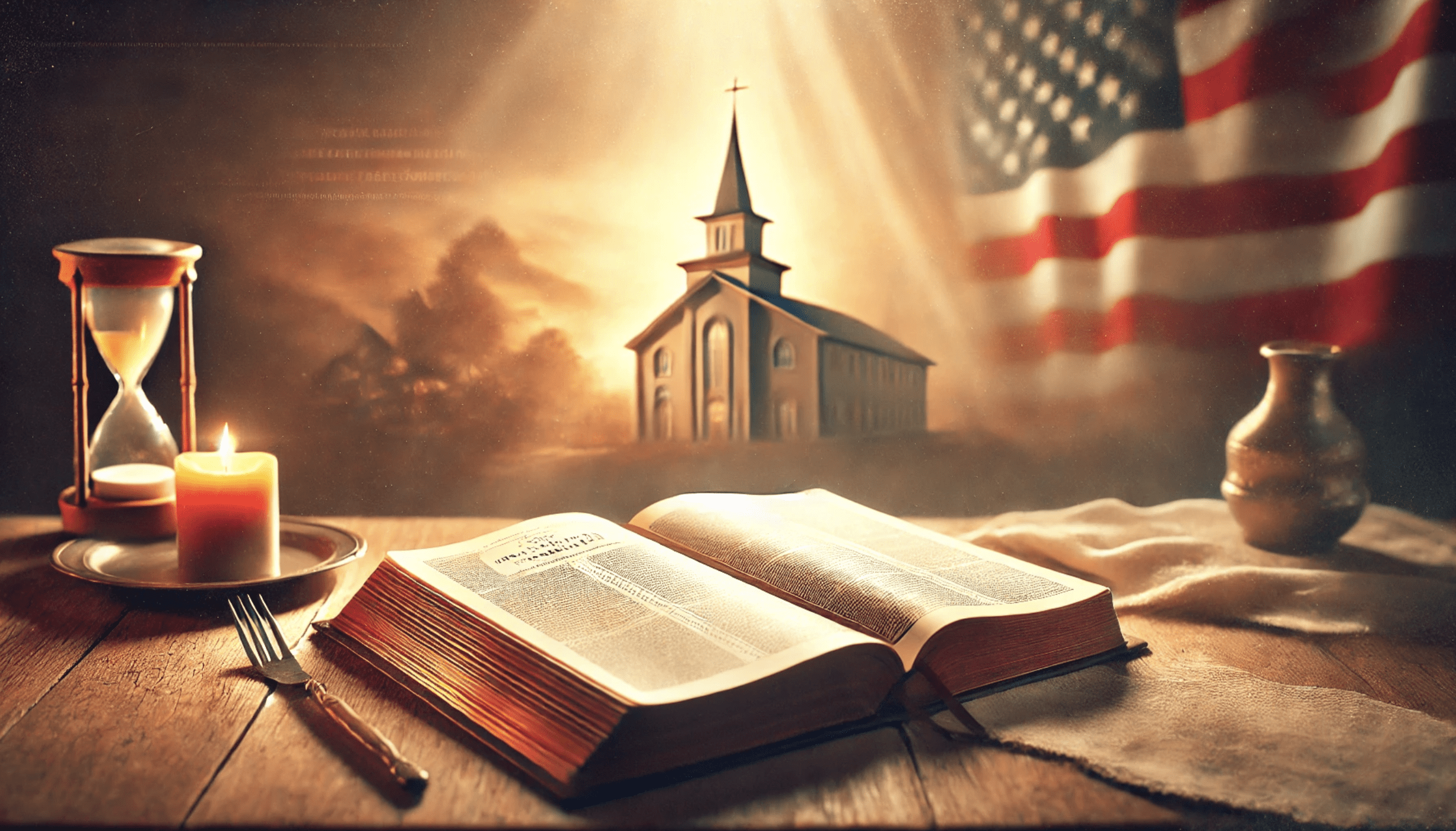 Open Bible with a church steeple, American flag, and candlelight symbolizing the Constitution's role in the Restoration of The Church of Jesus Christ of Latter-day Saints.