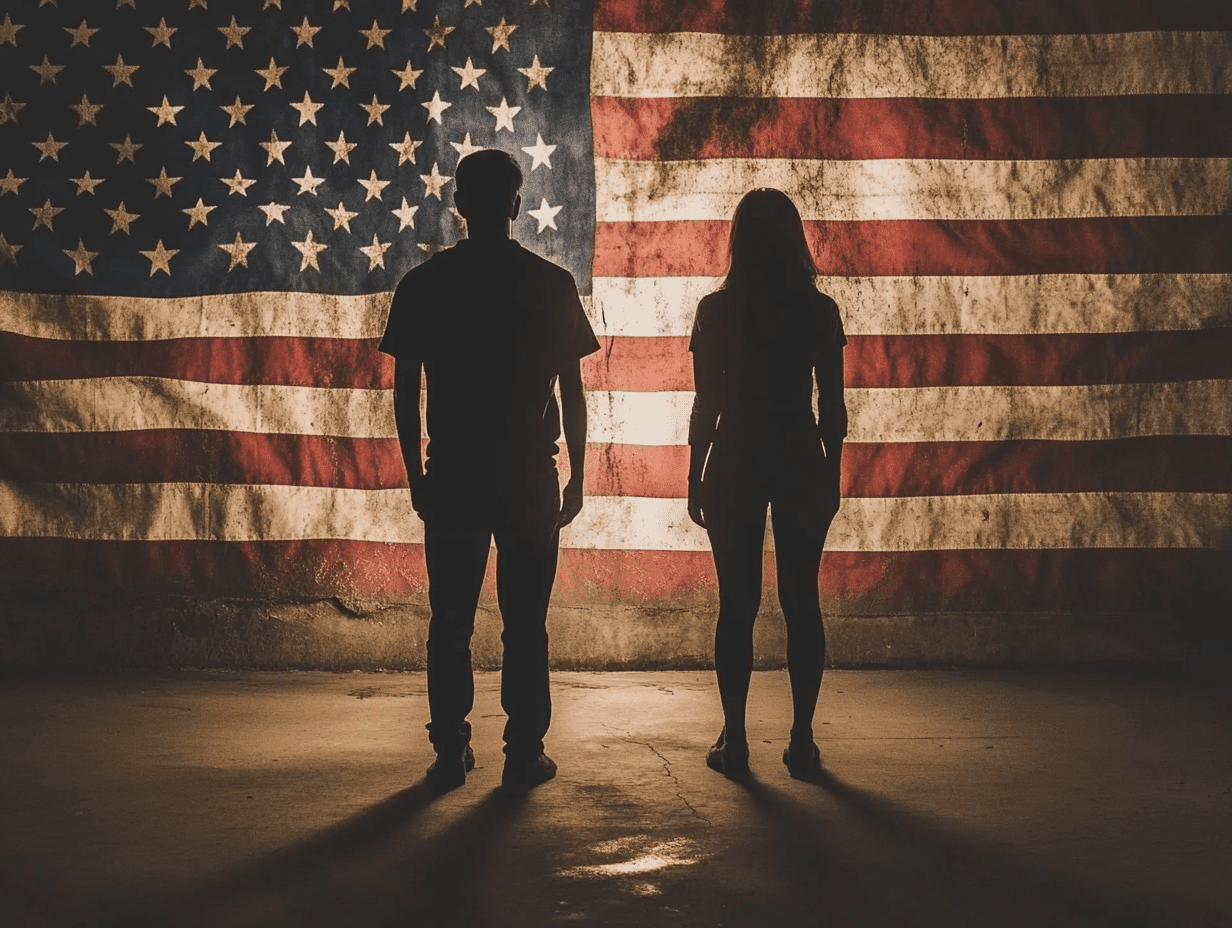 Silhouetted figures in front of an American flag, representing civic responsibility and American values.