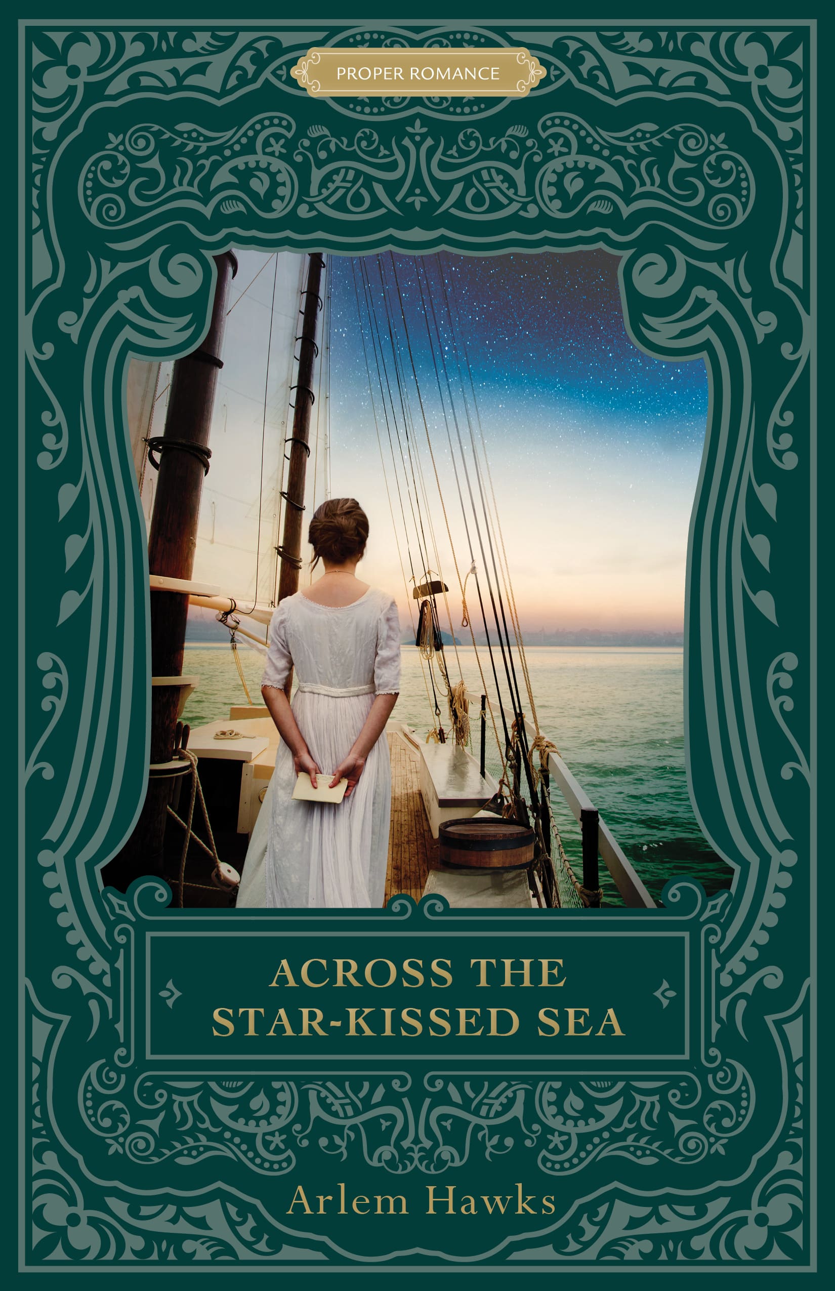 Cover of "Across the Star-Kissed Sea" by Arlem Hawks, featuring a woman on a ship looking out at a starry sky, embodying romance and adventure.