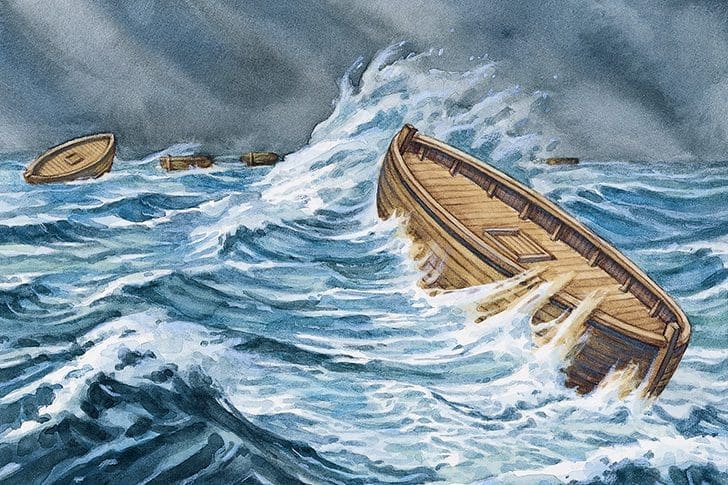 Jaredite barges in stormy seas, symbolizing trials and divine guidance in Ether 6, as discussed on the Come Follow Me Podcast.