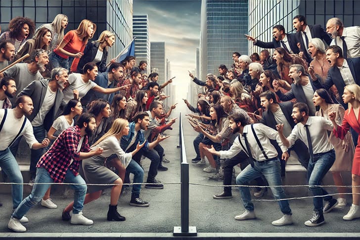 Large crowd of people facing off in political disagreement across a street, representing division in American society.