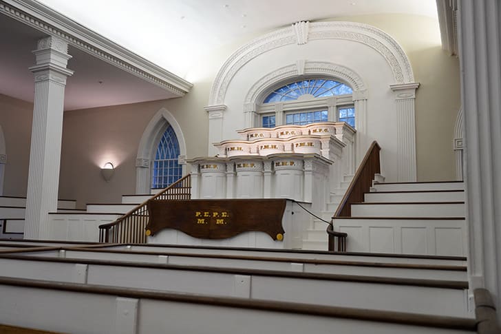 Historic pulpit area of the Kirtland Temple, preserved as it appeared during the 1836 dedication of the temple.