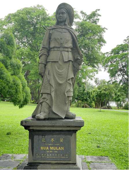 A statue of Hua Mulan, honoring her as a symbol of bravery and leadership, drawing connections to Jaredite traditions.