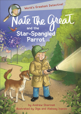 Cover of "Nate the Great and the Star-Spangled Parrot" featuring Nate in detective attire with his dog, ideal for kids exploring mysteries.