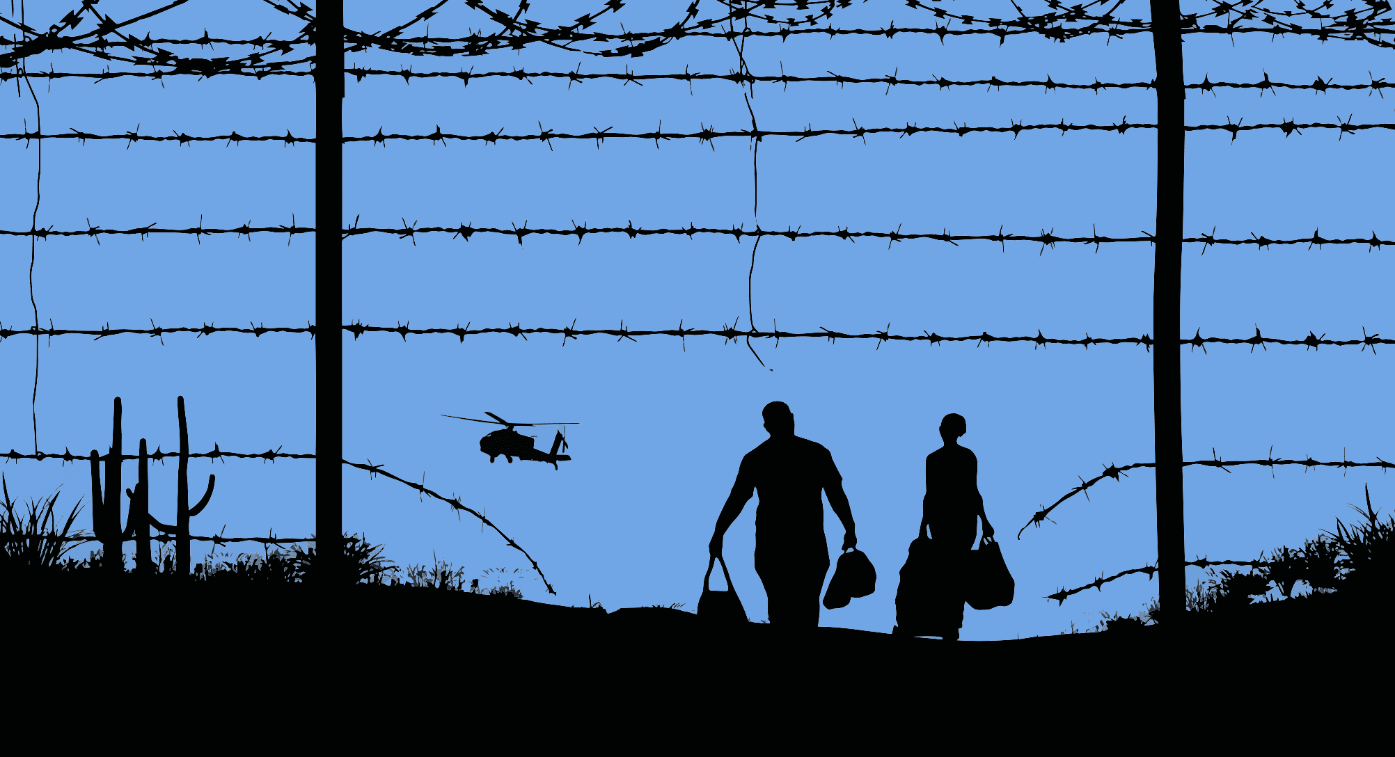 Silhouetted figures walking near a barbed wire fence with a helicopter in the background, reflecting themes of migration, immigration challenges, and border policies.