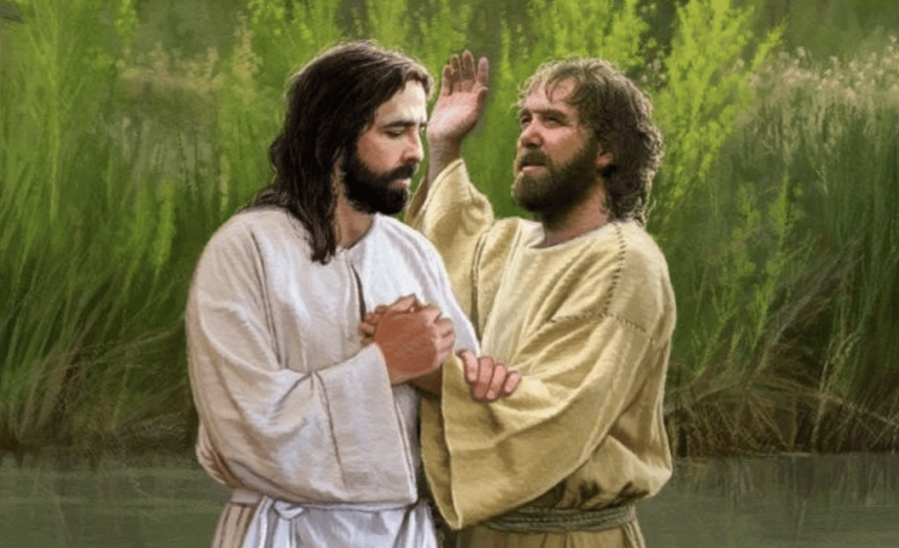 Jesus Christ and John the Baptist at the Jordan River, representing the sacredness of baptism as a gospel covenant.