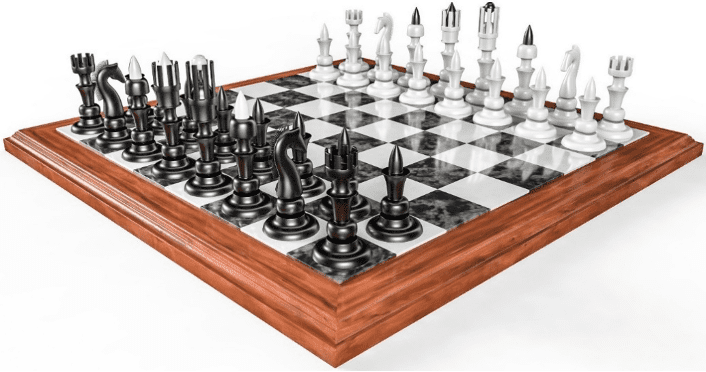 A detailed chessboard setup with uniquely designed pieces, symbolizing strategic planning reminiscent of Jaredite warfare.