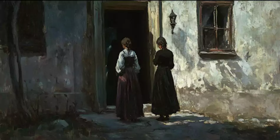 Two sister missionaries standing outside a dark doorway in a scene from the film "Heretic."