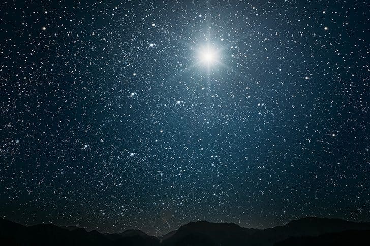 A bright star in a starry night sky, representing the Bethlehem star and the fulfillment of prophecies of Christ’s birth.