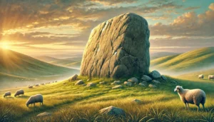 A tall stone on a hillside with sheep grazing at sunrise, representing the Eben-ezer, a biblical monument of God’s help in 1 Samuel.