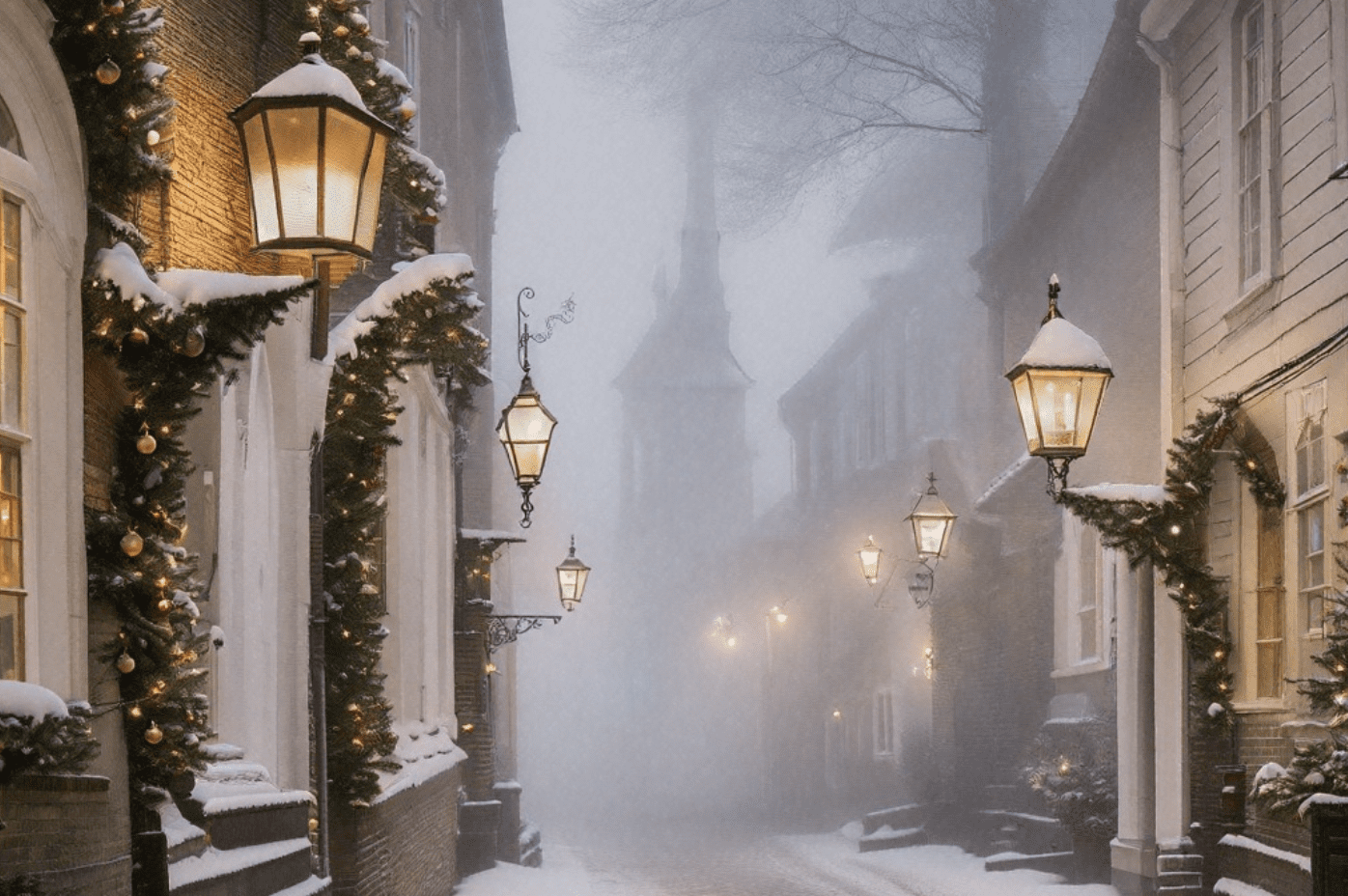 Snowy street with Christmas decorations and lanterns, reminiscent of historic Christmas traditions.