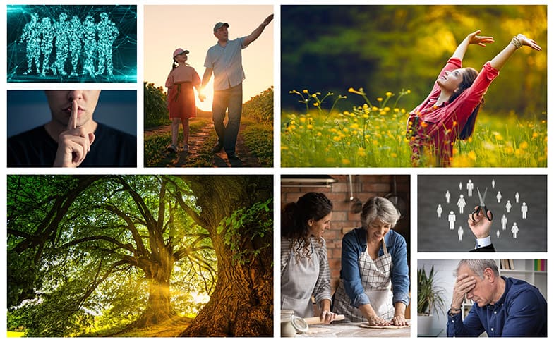A collage of vibrant images representing themes of community, nature, faith, and connection featured in Meridian Magazine.