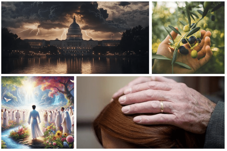Collage featuring the U.S. Capitol under a stormy sky, a hand holding olives, a heavenly gathering, and a priesthood blessing, symbolizing themes of faith and guidance.