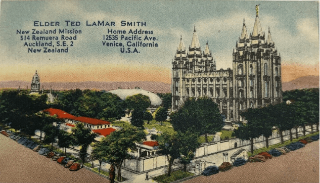 A vintage missionary calling card featuring the Salt Lake Temple and the Articles of Faith, symbolizing early missionary efforts of the Church of Jesus Christ of Latter-day Saints.