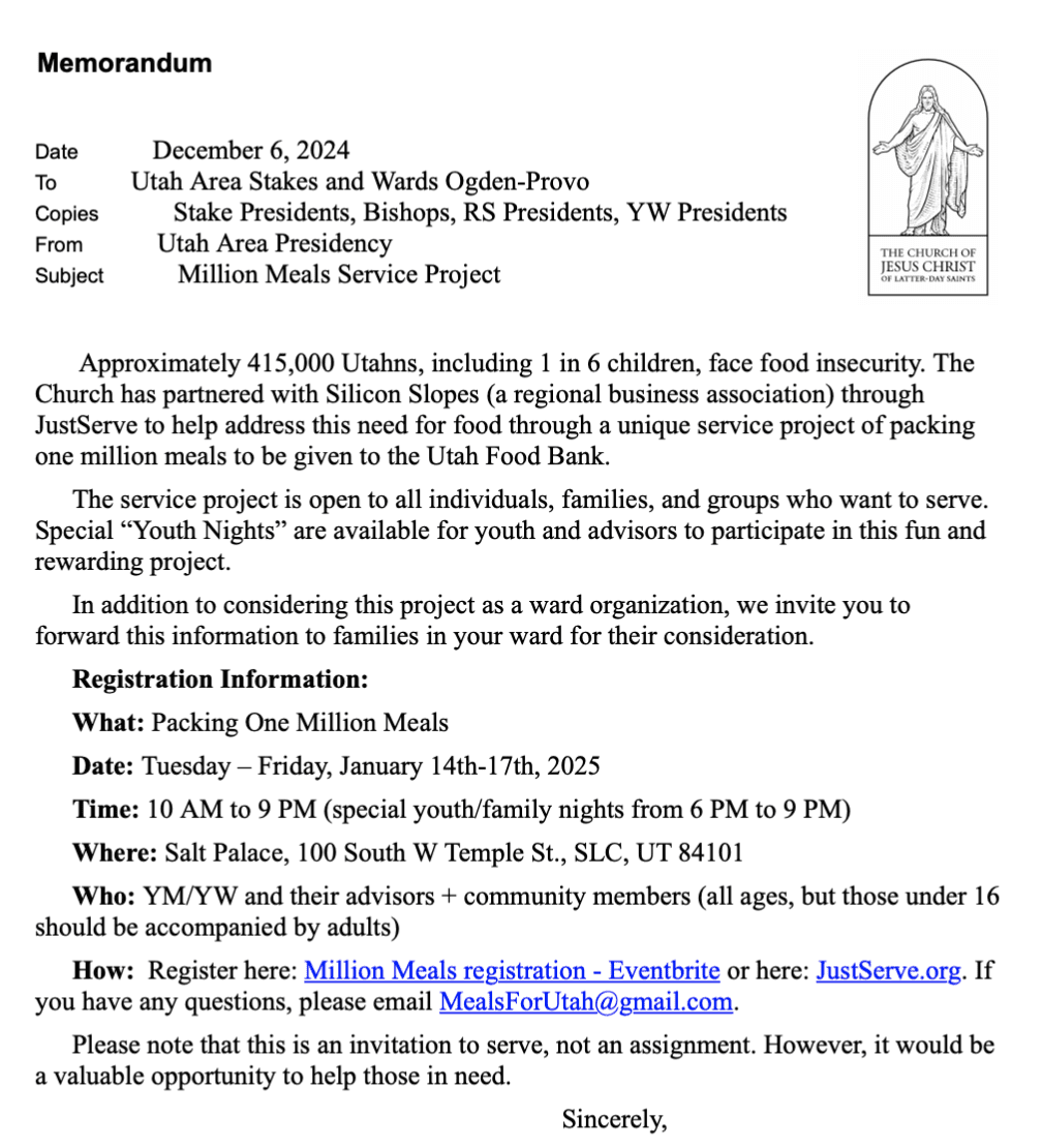 Official memorandum announcing the Silicon Slopes 2025 service project to pack one million meals for the Utah Food Bank, addressing food insecurity in Utah.