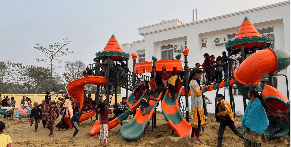 Children from the Bihar campus delight in their first-ever playground, a vibrant and joyful addition to the Rising Star Outreach initiative.