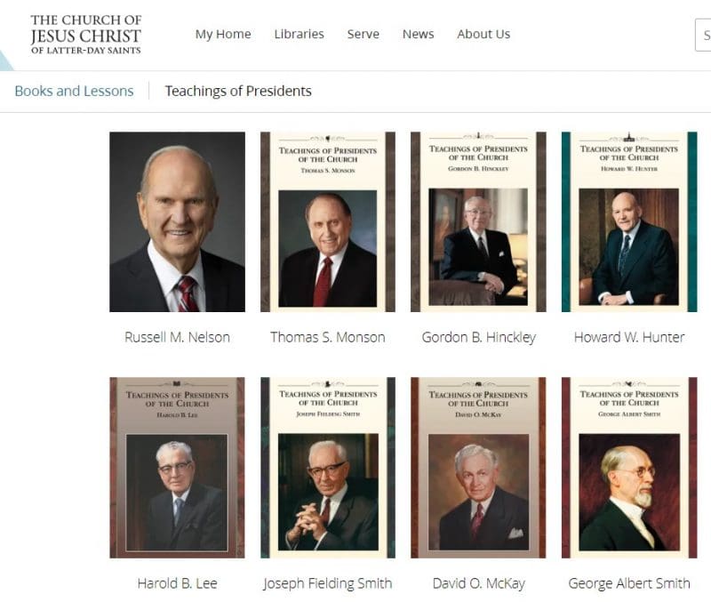"Teachings of the Presidents of the Church” manuals with images of President Russell M. Nelson and past Church leaders, a resource in the Gospel Library