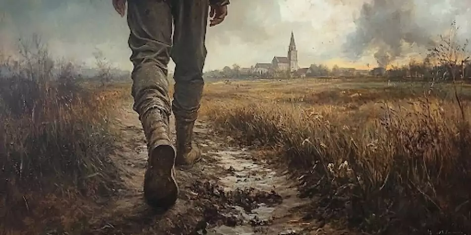 A person walking on a muddy path toward a church in the distance, representing the journey of faith and devotion.