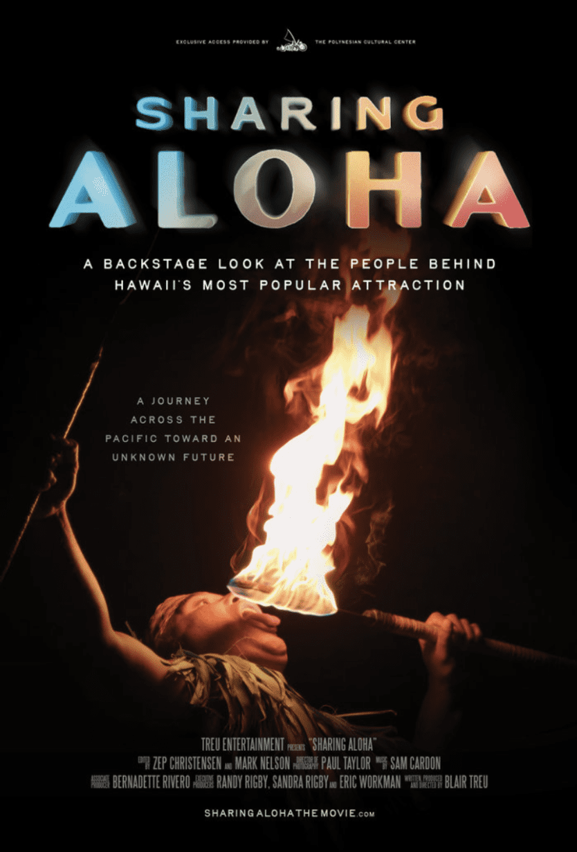 Official poster for Sharing Aloha, a documentary exploring Polynesian culture, fire dancing, and the preservation of Hawaiian traditions.