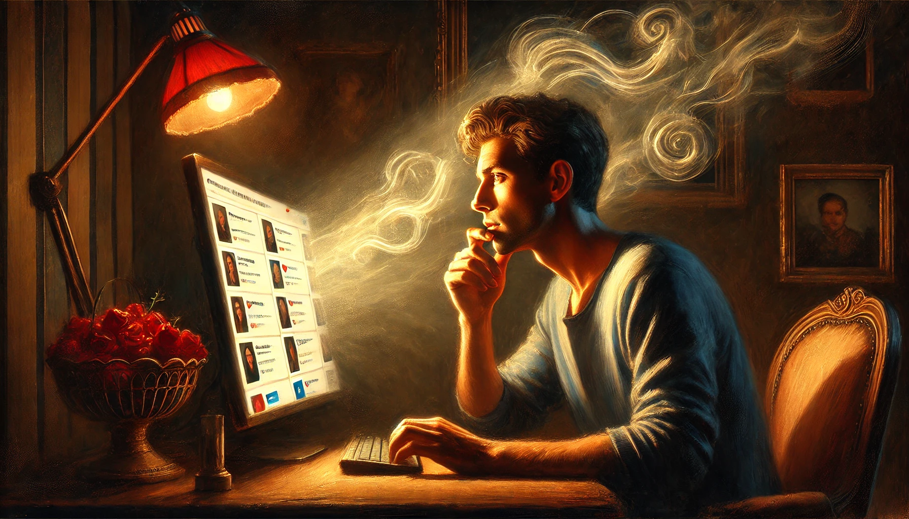 Man absorbed in AI-driven content on computer, representing the dangers of virtual companionship.