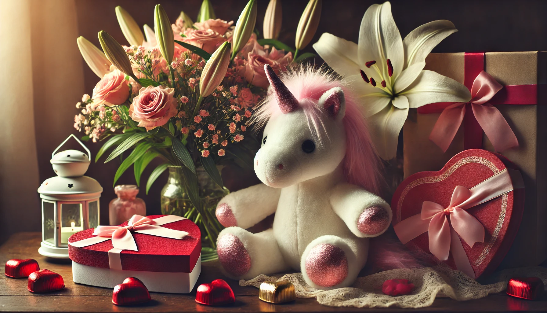 A soft plush unicorn surrounded by Valentine’s Day roses, chocolates, and gift boxes, representing the power of thoughtful gestures and kindness.