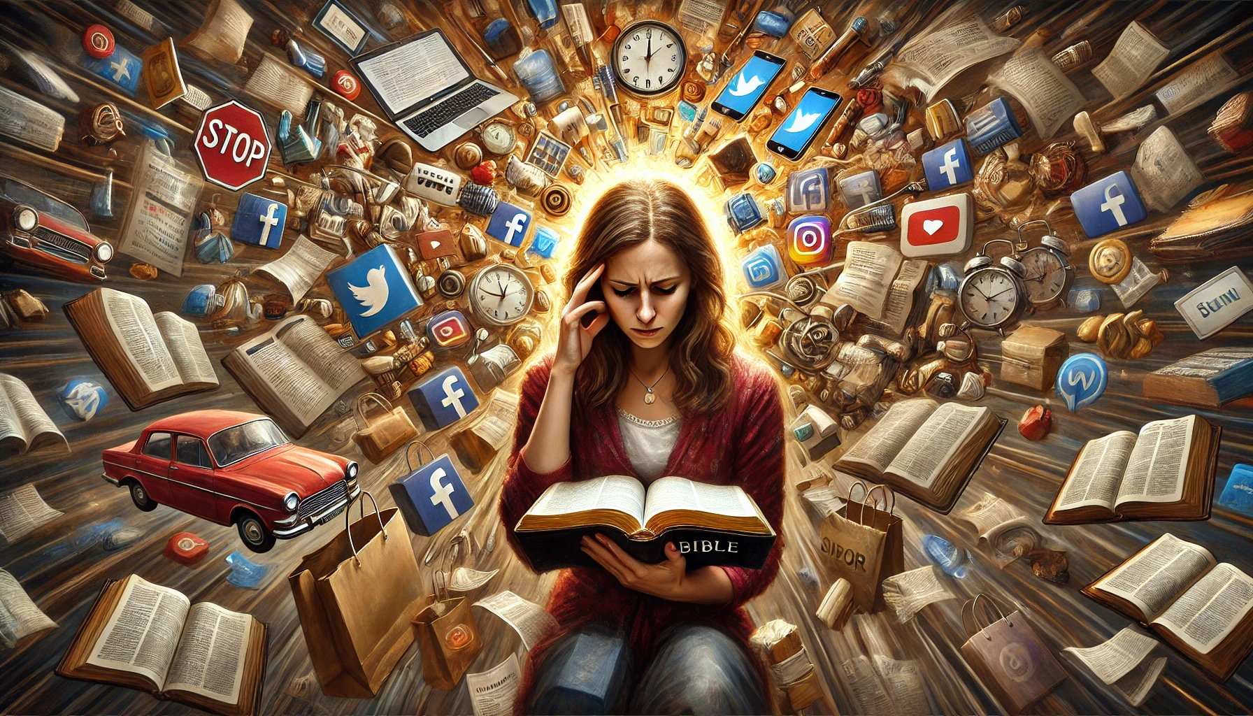 Woman reading the Bible amid overwhelming digital distractions, symbolizing the struggle between spirituality and technology in the modern age.