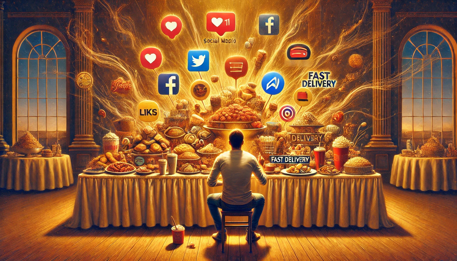 A man surrounded by digital temptations—social media, fast food, online shopping—symbolizing instant gratification and spiritual distraction in Screwtape Letters AI.